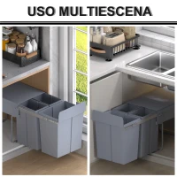 HOMCOM Cubo Basura Extraible Bajo Fregadero con 3 Contenedores de Reciclaje Clasificación de Residuos 48x34,2x41,8 cm Gris(m-7)