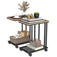 HOMCOM C Shaped Side Table Set of 2 with Wheels, Mobile End Table, Laptop Stand with Metal Frame and Storage Shelf, Rustic Brown(m-11)