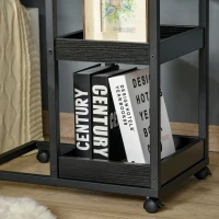 HOMCOM Mobile Sofa Side Table Set of 2, Industrial C-Shaped Rolling Table with 3-Tier Storage Shelving, Four Lockable Wheels Steel Frame, Dark Brown(m-8)