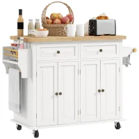 HOMCOM Rolling Kitchen Island Storage Trolley with Rubber Wood Top & Drawers for Dining Room, Cream White(m-1)