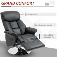 HOMCOM Fauteuil de relaxation inclinable pivotant repose-pied réglable, jusqu'à 150 kg, pour salon, chambre, home cinéma, noir(m-6)
