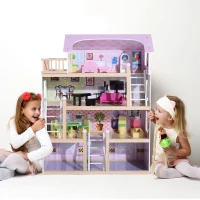 HOMCOM Casă de Păpuși pentru Copii 3+ Ani din Lemn de Pin și MDF cu 4 Etaje și 13 Accesorii, 60x30x80 cm, Roz(m-10)