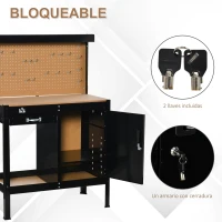 HOMCOM Banco de Trabajo con Panel Perforado Cajón Estante y Armario con Cerradura para Taller o Hogar 98,5x48x140 cm Negro(m-6)
