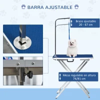 PawHut Mesa de Peluquería para Mascotas con Encimera Antideslizante Patas Plegables Asa y Brazo 72x45x74-81 cm Azul(m-4)