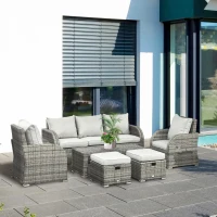 Outsunny Six-piece Outdoor Rattan Dining Set, Outdoor Sofa Set with Reclining Armchairs and Mental Frame, Grey(m-17)