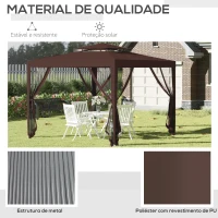 Outsunny Pérgola de Jardim 297x297x268 cm com 4 Redes Mosquiteiras Laterais Teto de Ventilação e 8 Orifícios de Drenagem Marrom(m-5)