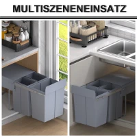 HOMCOM Mülleimer-Konstruktion mit 3 Abfalleimern zur Mülltrennung, Schienensystem, einbaubar, 3er-Set Müllbehälter, Grau(m-7)