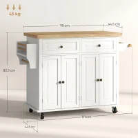 HOMCOM Rolling Kitchen Island Storage Trolley with Rubber Wood Top & Drawers for Dining Room, Cream White(m-3)