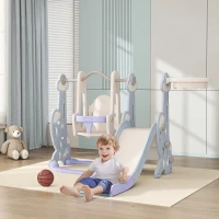 AIYAPLAY 4-in-1 Binnenspeelplaats, Glij- en Schommelset voor Peuters, Basketbalring, Raketontwerp, Kunststof, Lichtblauw(m-2)