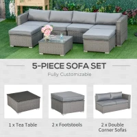 Outsunny 5 PCs PE Rattan Wicker Corner Sofa Set Bonzer Outdoor Conservatory Furniture Lawn Patio Tea Table Footstool w/ Cushion - Grey(m-7)