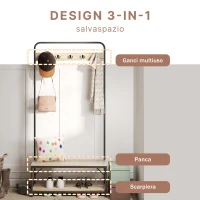 HOMCOM Appendiabiti con Panca e Scarpiera in Stile Industriale, Mobile per Ingresso Vintage in Legno e Acciaio Nero(m-4)