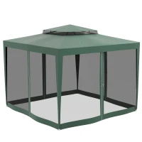 Outsunny Pérgola de Jardim com 4 Mosquiteiras Teto Duplo 8 Orifícios de Drenagem e Estrutura de Metal 297x297x268 cm Verde(m-7)