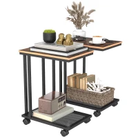 HOMCOM C Shaped Side Table Set of 2 with Wheels, Mobile End Table, Laptop Stand with Metal Frame and Storage Shelf, Rustic Brown(m-1)
