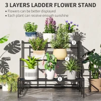 Outsunny Bloemenpotstandaard, 3-Laags Plantenstandaard in Trapvorm, Bloemenpotrek voor Binnen en Buiten, Metaal, Zwart(m-4)