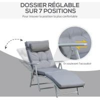 Outsunny Bain de Soleil Pliable transat inclinable 7 Positions Chaise Longue Grand Confort avec Matelas + accoudoirs métal époxy textilène Polyester Gris(m-4)