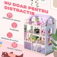 HOMCOM Casă de Păpuși pentru Copii 3+ Ani din Lemn de Pin și MDF cu 4 Etaje și 13 Accesorii, 60x30x80 cm, Roz(m-5)
