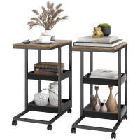 HOMCOM Mobile Sofa Side Table Set of 2, Industrial C-Shaped Rolling Table with 3-Tier Storage Shelving, Four Lockable Wheels Steel Frame, Dark Brown(m-11)