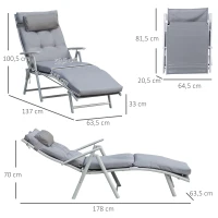 Outsunny Bain de Soleil Pliable transat inclinable 7 Positions Chaise Longue Grand Confort avec Matelas + accoudoirs métal époxy textilène Polyester Gris(m-3)