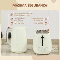 HOMCOM Conjunto de Torradeira e Jarro de Água Elétrico de Aço Inoxidável 2200W 1,7L Torradeira de Pão 2 Fatias 3 Funções Creme(m-7)