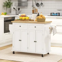 HOMCOM Rolling Kitchen Island Storage Trolley with Rubber Wood Top & Drawers for Dining Room, Cream White(m-2)