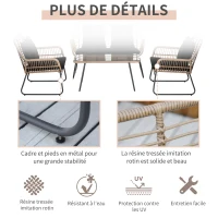 Outsunny Ensemble salon de jardin en résine tressée 2 fauteuils 1 canapé 2 places 1 table en verre trempé coussins assise dossier déhoussables(m-6)