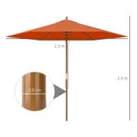 Outsunny 2.5m Wood Garden Parasol Sun Shade Patio Outdoor Wooden Umbrella Canopy, Table Market Umbrella with Vent, 38mm Pole, Rope Pulley Mechanism, Orange(m-3)