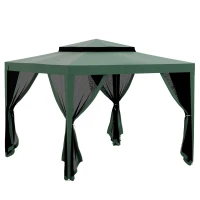 Outsunny Pérgola de Jardim com 4 Mosquiteiras Teto Duplo 8 Orifícios de Drenagem e Estrutura de Metal 297x297x268 cm Verde(m-1)