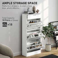 HOMCOM Marble Shoe Storage Cabinet with 3 Flip Drawers, Hallway Cabinet with Top Drawer and Adjustable Shelves, Shoe Cupboard for 18 Pairs, White(m-4)