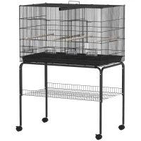 PawHut Jaula para Pájaros con Divisor Comederos Bandeja Extraíble y Soporte para Canarios y Periquitos 94x57x57/128 cm Negro(m-1)