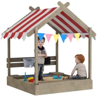 Outsunny Zandbak met Zonbescherming, Speelhuis-Design, met Speelgoed-Set, Behandeld Massief Hout, 124 x 116 x 146 cm, Grijs(m-10)