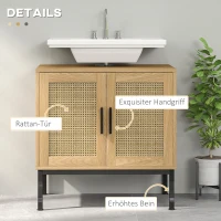 kleankin Badezimmerunterschrank, im Boho-Design, Badezimmerschrank, Rattan-Elemente, mit U-Ausschnitt, Eiche(m-6)