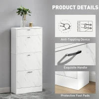 HOMCOM Marble Shoe Storage Cabinet with 3 Flip Drawers, Hallway Cabinet with Top Drawer and Adjustable Shelves, Shoe Cupboard for 18 Pairs, White(m-6)