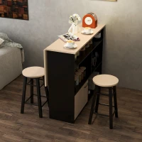 HOMCOM 3-cz. Zestaw Barowy, Bartisch ze Składanym Blatem, 2 Stołki Barowe, 6 Schowków, Czarny+Dąb, 116 x 70 x 89,5 cm(m-8)