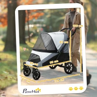 PawHut Hondenwagen, Opvouwbare Hondenbuggy voor Grote Honden, Huisdierenwagen met 4 Wielen, Veiligheidslijnen, Remmen, Grijs(m-3)