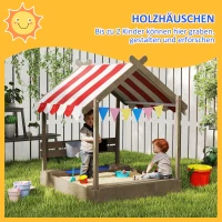 Outsunny Sandkasten mit Sonnenschutz, Spielhaus-Design, mit Spielzeug-Set, behandeltes Massivholz, 124 x 116 x 146 cm, Grau(m-4)