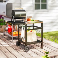 Outsunny BBQ Trolley with Stainless Steel Top and Foldable Side Table, Outdoor Kitchen Barbecue Station with Hooks and Shelf, Pizza Oven Table Movable Outdoor Grill Dining Cart with Cover, Black(m-8)