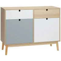 HOMCOM Aparador Auxiliar Móvel de Armazenamento com 2 Armários Fechados e 2 Gavetas Pés Elevados de Madeira de Pinho para Cozinha Dormitório Entrada 100x40x79,5cm Branco Cinza Madeira(m-1)