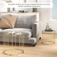 HOMCOM Mesas Auxiliares para Sala de Estar Redondas Conjunto de Mesas Laterais com Estrutura de Metal e Bancada de Vidro Mesas(m-5)