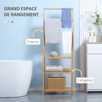 kleankin Porte-serviettes en bambou avec 3 porte-serviettes et 3 étagères de rangement, bois naturel(m-4)
