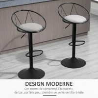 HOMCOM Lot de 2 tabourets de Bar Design néo-rétro réglable pivotant avec Repose-Pied métal Noir Lin Gris(m-4)