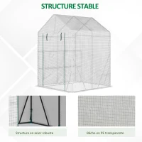 Outsunny Serre de jardin PE avec étagères 2 niveaux, serre de balcon, bâche renforcée 140 g/m², châssis en acier, porte zippée enroulable, pour légumes plantes fleurs, 143x143x195cm, blanc(m-6)
