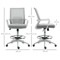 Vinsetto Fauteuil de bureau chaise de bureau assise haute réglable dim. 64L x 59l x 104-124H cm tabouret de bureau pivotant 360° maille respirante gris et blanc(m-3)