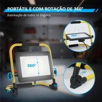 HOMCOM Projetor LED Recarregável com Cabeças e Suporte Ajustáveis 100W 8500 Lúmenes IP65 6500K Refletor LED Portátil 35x20x32 cm Amarelo(m-4)
