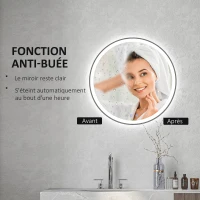 kleankin Miroir rond lumineux LED de salle de bain Ø 70 cm mural avec éclairage 3 couleurs interrupteur tactile 23W blanc argent(m-6)