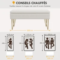 HOMCOM Banc banquette coffre de rangement 2 en 1 en tissu avec pieds épingle en acier doré 100 x 40 x 49 cm crème(m-7)
