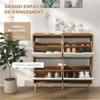 HOMCOM Meuble à chaussures 4 abattants 16 paires avec étagère réglable pieds en bois de pin 95 x 26 x 95 cm naturel(m-4)