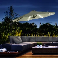 Outsunny 3(m) LED Cantilever Parasol Garden Sun Umbrella w/ Cross Base and Solar Lights Grey(m-14)
