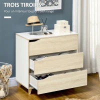 HOMCOM Commode avec 3 tiroirs meuble de rangement bicolore blanc et aspect bois - 75 x 42 x 75 cm(m-5)