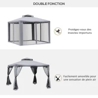 Outsunny Tonnelle de jardin pavillon de jardin 3 x 3 m double toit avec moustiquaires amovibles gris clair(m-4)