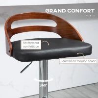 HOMCOM Lot de 2 tabourets de Bar Design Contemporain Hauteur d'assise réglable pivotant 360° revêtement synthétique Noir Dossier ajouré Aspect Bois(m-7)